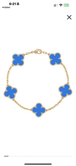 18k Yellow gold Van cleef Alhambra style Turquoise 5 motifs clover shape stone bracelet