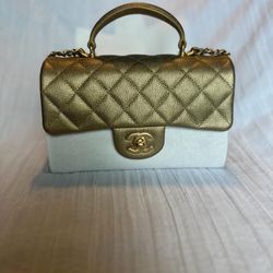 Brand New Chanel Caviar Mini Rectangle Top Handle In Gold 