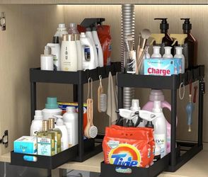 2 pcs  Under Sink Organizer, Multi-Purpose Storage Shelf, 2 Tier Sliding Cabinet Basket, Multi-Purpose Kitchen Under Counter Storage With 8 Hooks