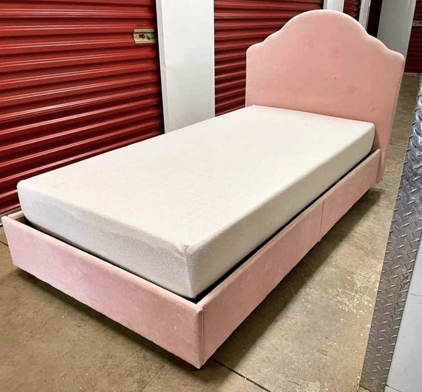 Pink Twin Bed/ Upholstered
Bedframe W Twin Mattress Memory Foam