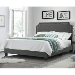 *Brand New* Upholstered Bed with Nail Trim Headboard, Queen, Gray