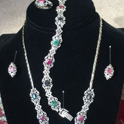 925 Sterling Silver Multi Gem Stones Necklace - Bracelet- Earring Set.