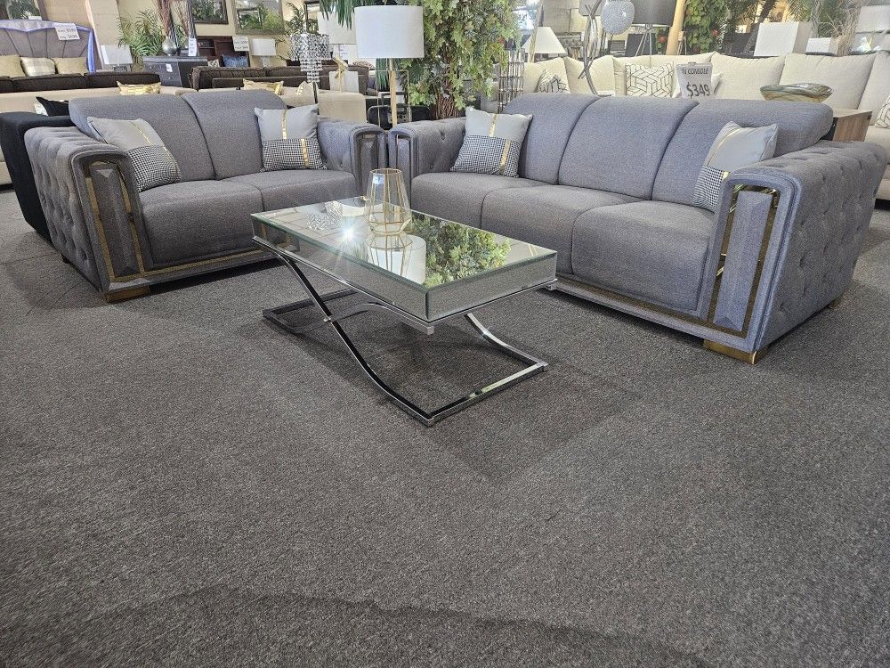 Brand New Gray Linen Modern Sofa + Loveseat 2PCs Set