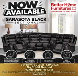 Sarasota Black 4-Piece Reclining Sectional Sofa- finance available $39 down
