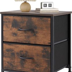 Nightstand with 2 Drawers, End Tables Bedside Furniture Side Table with Storage Kids Night Stand with Fabric Bins, Wooden Top Small Dresse