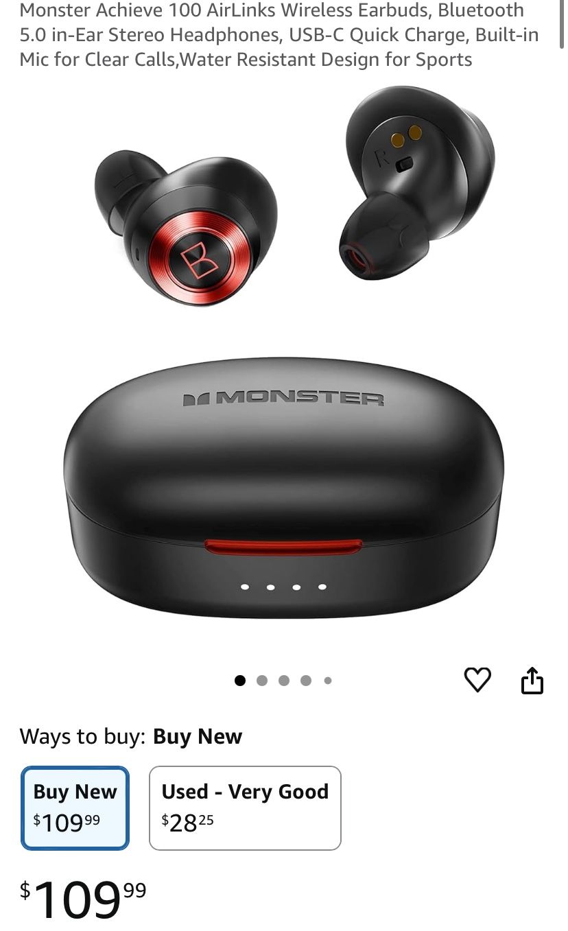 Brand New- Monster Achieve 100 AirLinks Wireless Earbuds