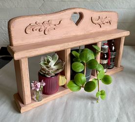 Vintage Upcycled Rustic Pink Solid Wood Wall Shelf with Heart Cut-Out