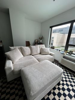 Cream Corduroy 2 Seater Couch + Ottoman