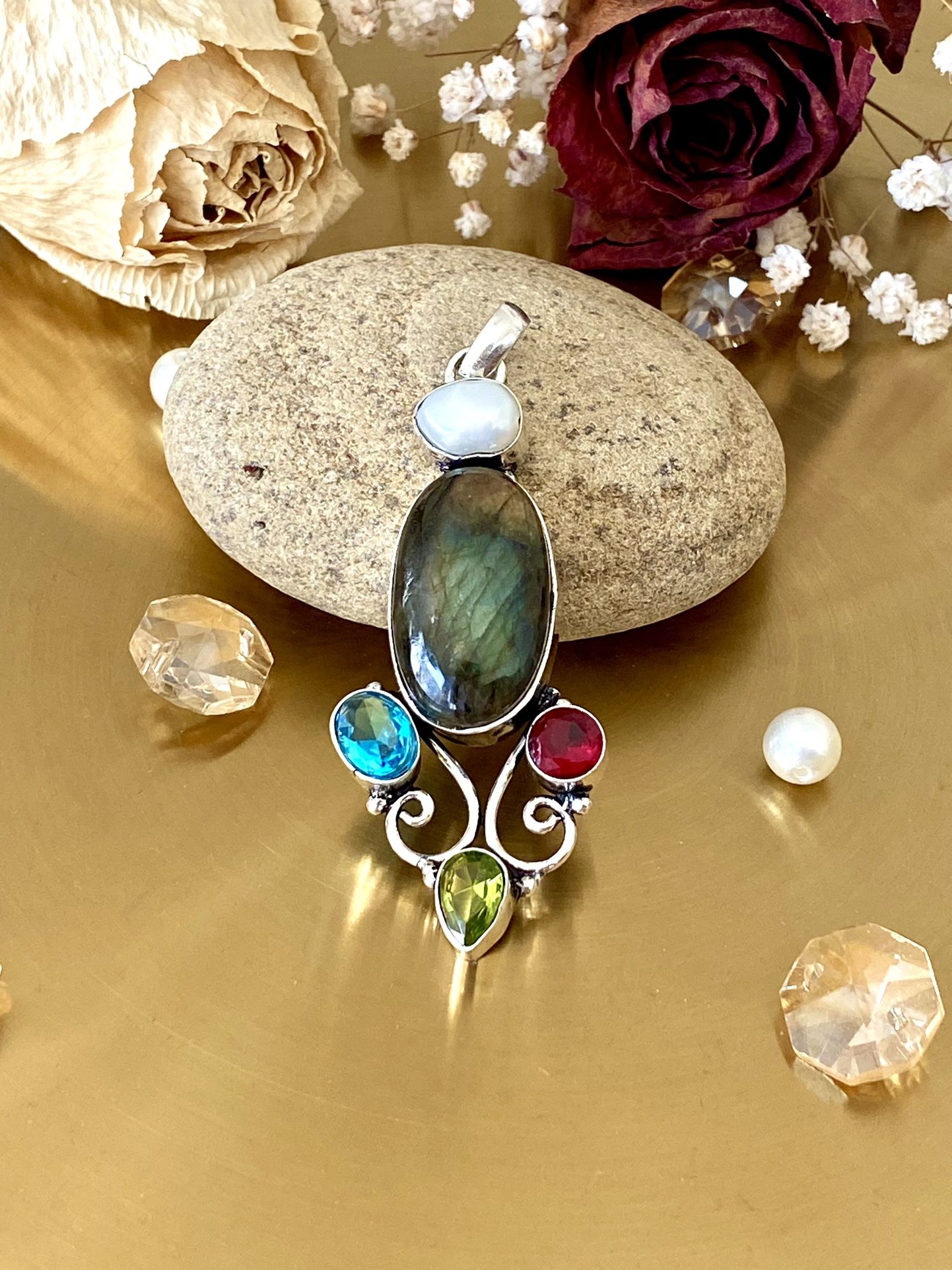 Labradorote, Biwa Pearl, Garnet, Blue Topaz And Peridot 925 Sterling Silver Overlay Pendant