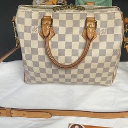 Authenticated Louis Vuitton Speedy Bandouliere 25 Damier Azur Handbag Bag Tote