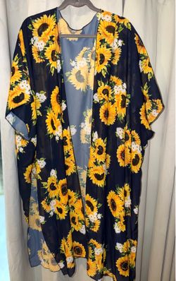 Sunflower Print Sheer Kimono Cover-Up XL