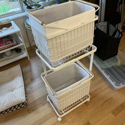 Yamazaki Home Rolling Laundry Cart + Wire Baskets (38" H) - Steel + Wood