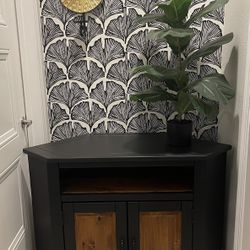 Modern Corner TV Stand / Accent Cabinet — Black + Wood Stain Finish
