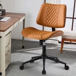 Armless Home Office Chair with Wheels, 360° Swivel & Adjustable Height Desk Chair, PU Leather Mid Back Walnut Computer Chair for Office, Reading Meeti