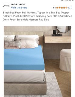 Jacia 3” Full Size Mattress Topper Plush Feel Pressure Relieving Blue New in Box 