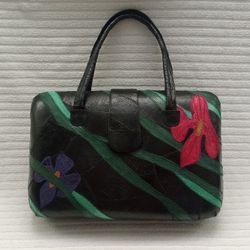 VINTAGE EXOTIC LEATHER HANDBAG - GENUINE FROGSKIN - BLACK with FLORAL APPLIQUE Two Top Handles, Hardshell Body, Excellent Condition, Large Handcrafted