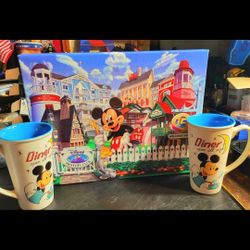 WALT DISNEY STORE: new, 2x large ceramic Micky Mugs & (14"x  11") painting, firm.