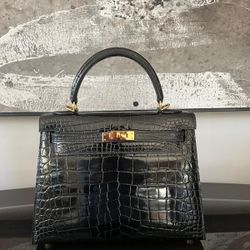 Hermes Kelly Shiny Croc Black 27