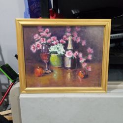 Framed Flowers And Wine Painting