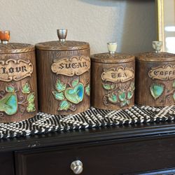 📝 Vintage Treasure Craft Canister Set (4 Pc) – Flour, Sugar, Tea, Coffee – Faux Wood Ceramic – Made in USA