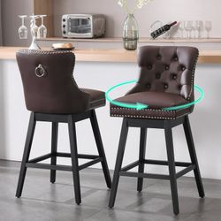 Set of 2, 30in” Swivel Bar Height Bar Stools brown faux leather seat with black wood legs