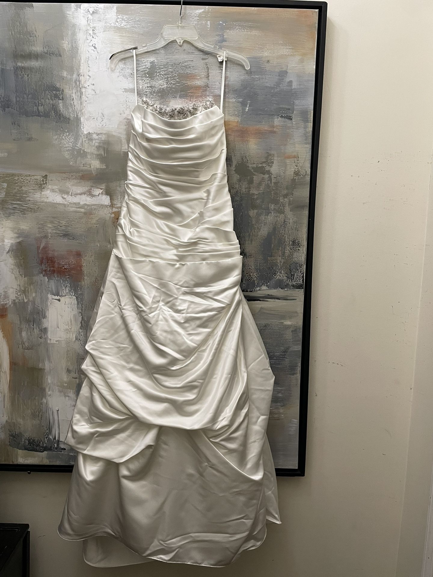 David’s Bridal Ivory Strapless Satin with Beaded Lace Neckline-STYLE# WG9828-Size 12