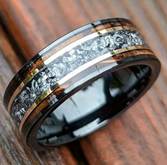 Men's Women's 8mm Tungsten Burnt Whiskey Barrel Meteorite Inspired Comfort-Fit Engagement Wedding Band 9