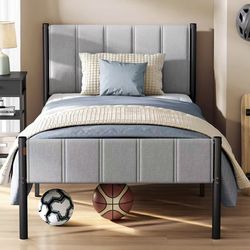 Twin Bed Frame with Upholstered Headboard