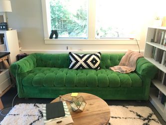 Vintage 1970s Avocado Green Couch – Retro MCM Style