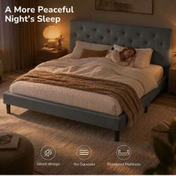 Queen Bed Frame with Headboard, Upholstered Platform Bed, Grey
Grey Bed Frame Queen Size, No Box Spring Needed, Easy Assemble