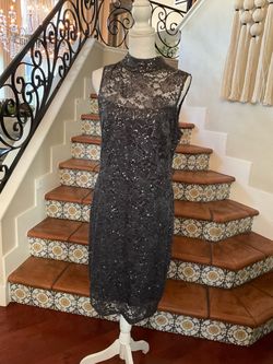Marina black-Greyish sequin lace Formal dress with high neck and zipper back. Size 14