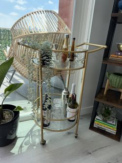 Gold Glass Bar Cart / Beverage Cart On Wheels