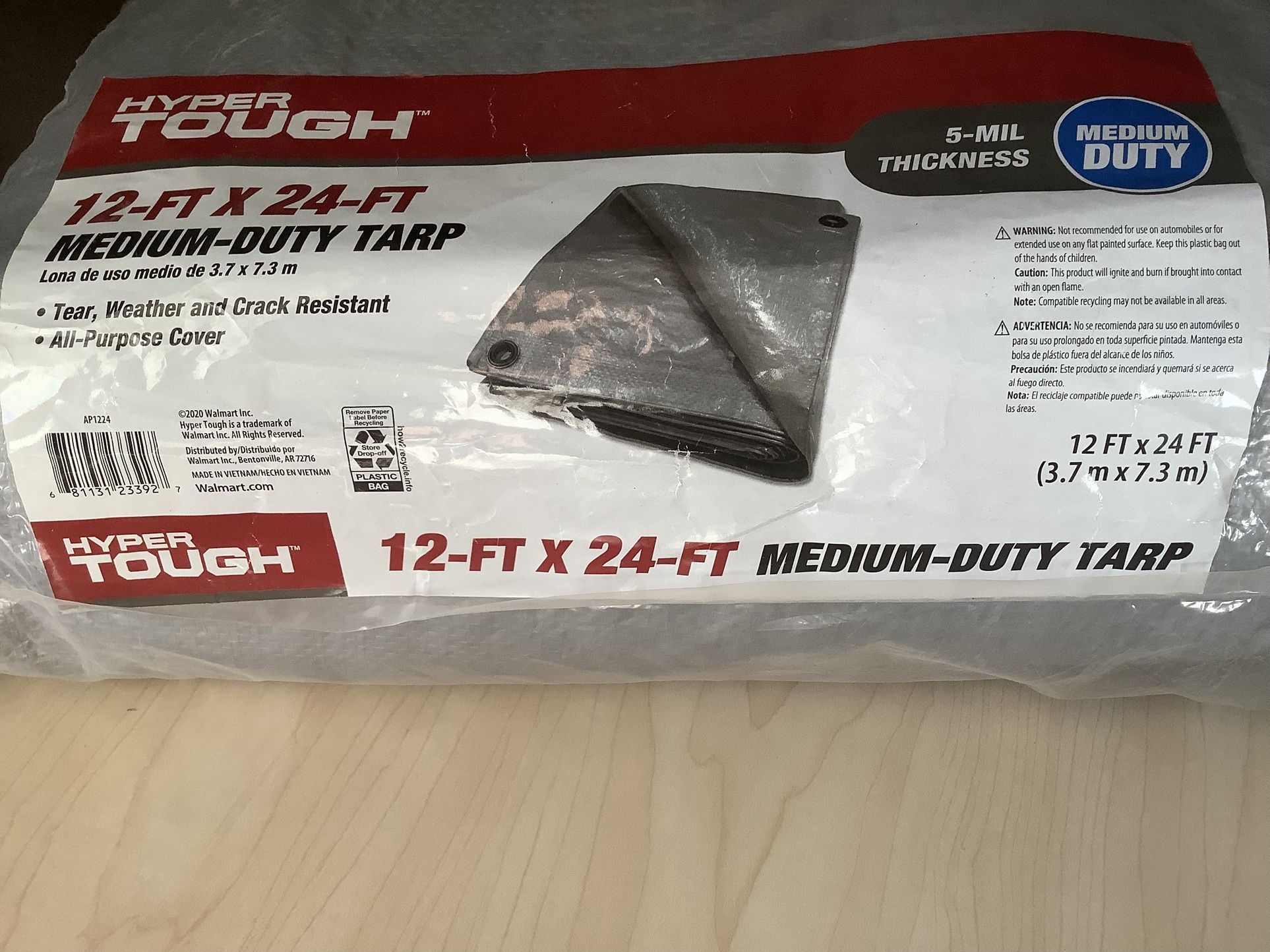 HYPER TOUGH Gray Tarp - Camping Raining Moving - 5 Mil 12x24Ft New!