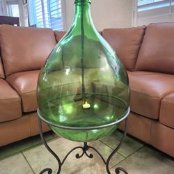Italian Blown Glass XXL Demijohn w/Wrought Metal Stand & Candle Holder 
