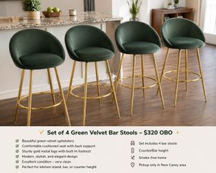 ✨ Set of 4 Green Velvet Bar Stools – $320 OBO ✨