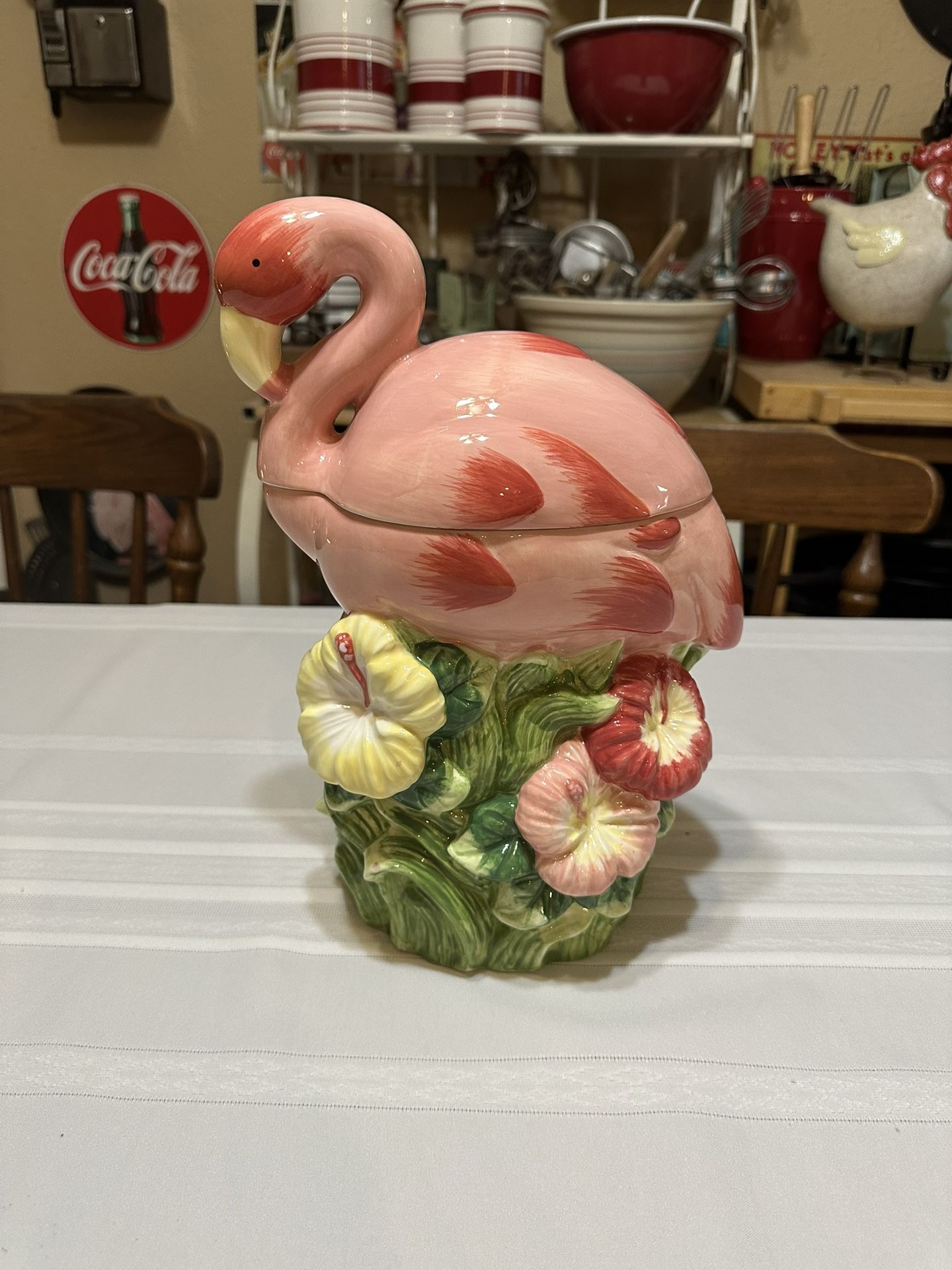 Vintage Pink Flamingo  Hibiscus Flowers Cookie Jar