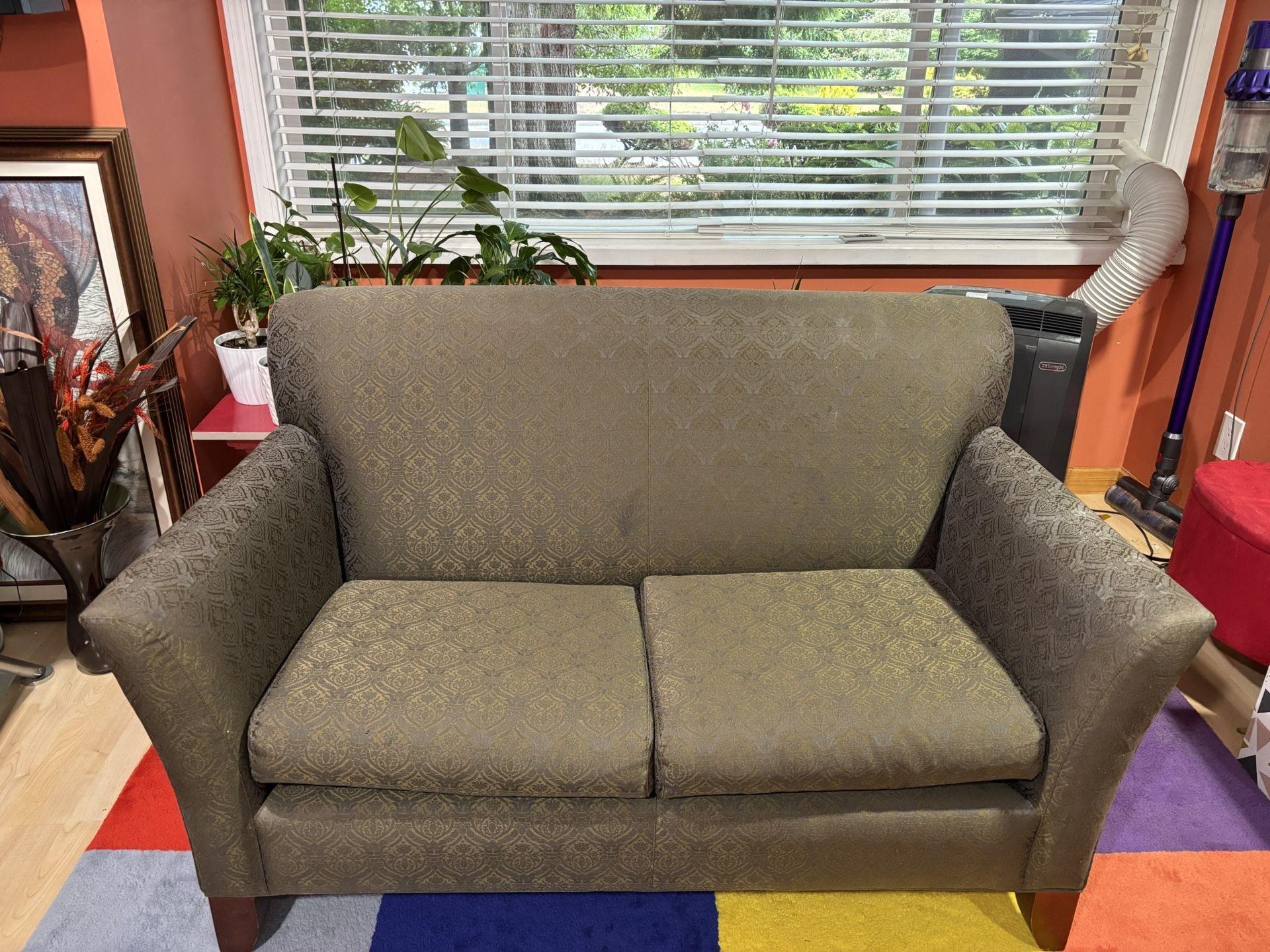 Loveseat Sofa - Jacquard Damask Golden Taupe Green, high quality, needs cleaning