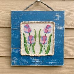 Hand Embroidered Tulips on Distressed Nantucket Blue Board 12x12”