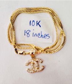 10K Yellow Gold Franco Chain and Pendant CUBIC ZIRCONIUM STONES For Wedding 18 Inches Long