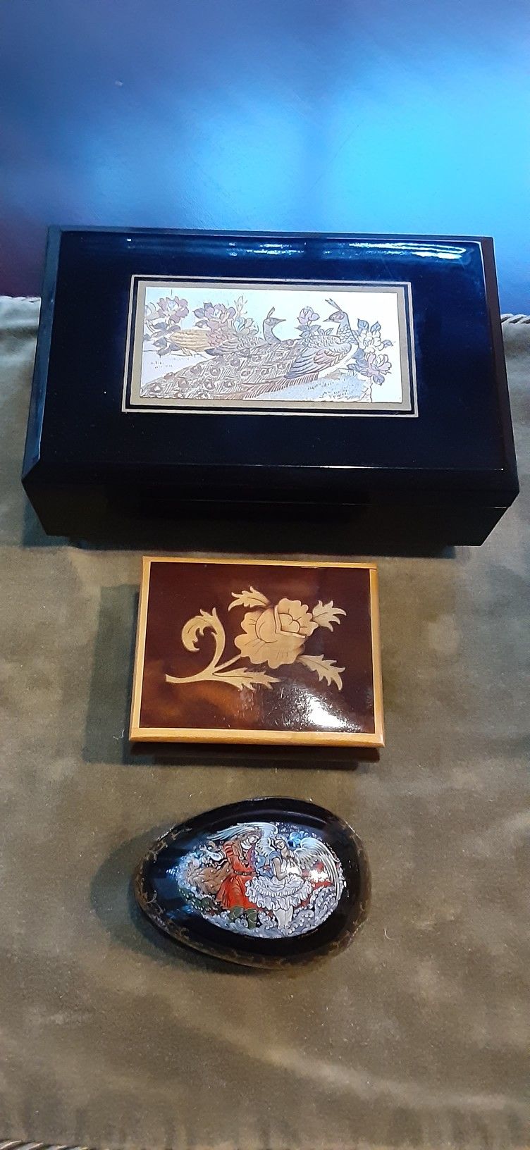 Vintage Jewelry Music Box, Italian Wood Box, and Russian Musical Egg Trinket Box