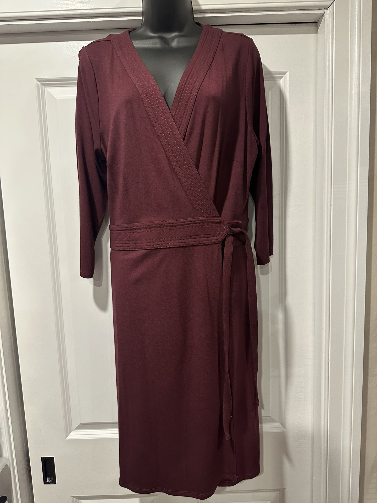 Maroon Wrap Dress - Size 14, 3/4 Sleeve, 41” Long, Adjustable Tie Waist
