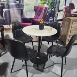 5 PIECE DINING TABLE 31 Inch Tall Round Table Sintered Stone Top & Metal Pedestal Base