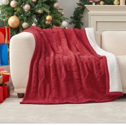 Brandnew  Home Cable Knit Throw Blanket for Couch, Chenille Sherpa Soft Cozy Throw Blankets for Sofa Chair Comfortable Home, 50"x70", Red