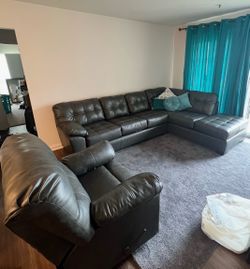 Dark Grey Leather Sectional & Matching Recliner