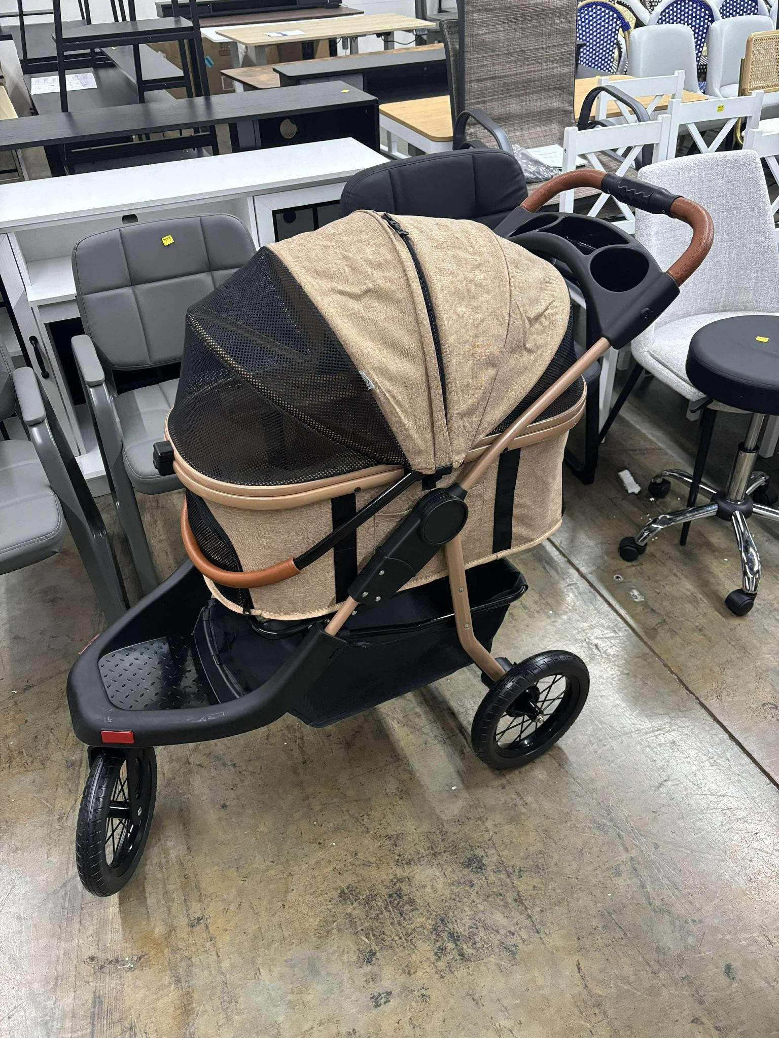 Pet Stroller, 3-in-1 Foldable Large Dog Stroller for Cats/Dogs with Detachable Carrier, Zipperless Dual Entry, Khaki