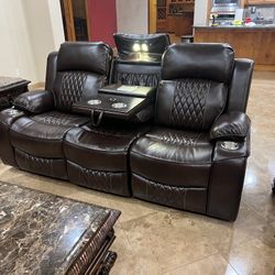 New Power Reclining Couch / Love Seat.  Brown / Grey Gel Leatherette.  Reading Lights.  Free Delivery!
