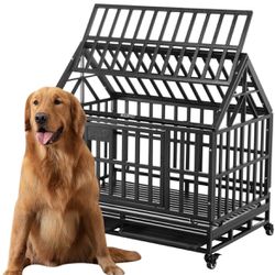 Dog Cage Crate Kennel Heavy Duty Tear Resistant Square Tube with Four Wheels for Large Dogs Easy to Install (38 inch roof, Black)