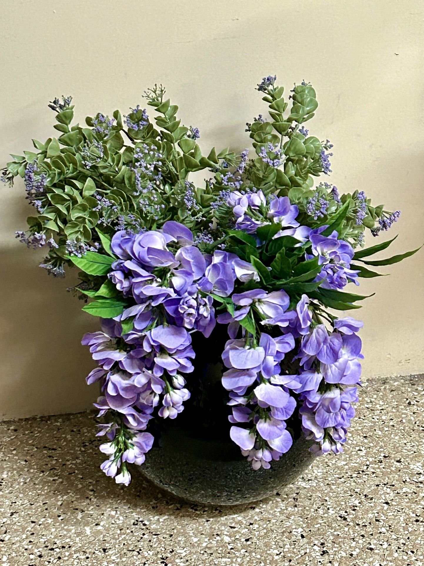 Beautiful Faux Purple Flowers In Large Vase 20”