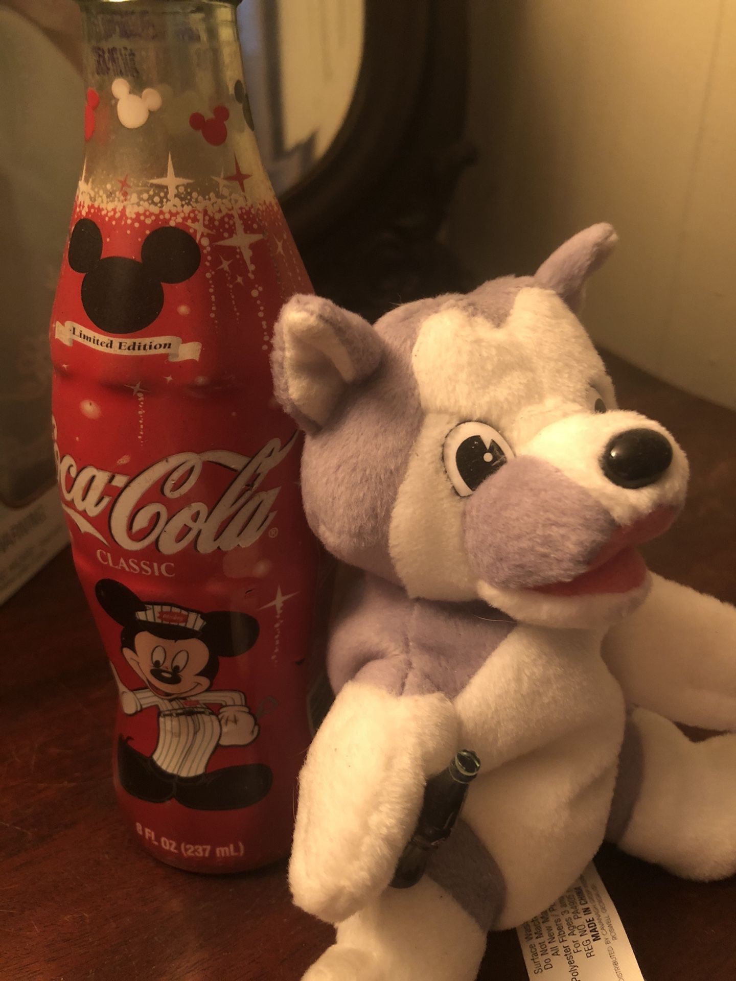 Vintage 1998 Coca Cola husky Plush & New/ Never Opened 75th Mickey Anniversary 8 Oz Bottle- Good Condition - See Pics! Good Deal!