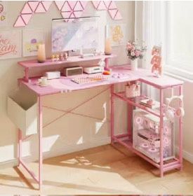 pink L shaped gaming desk